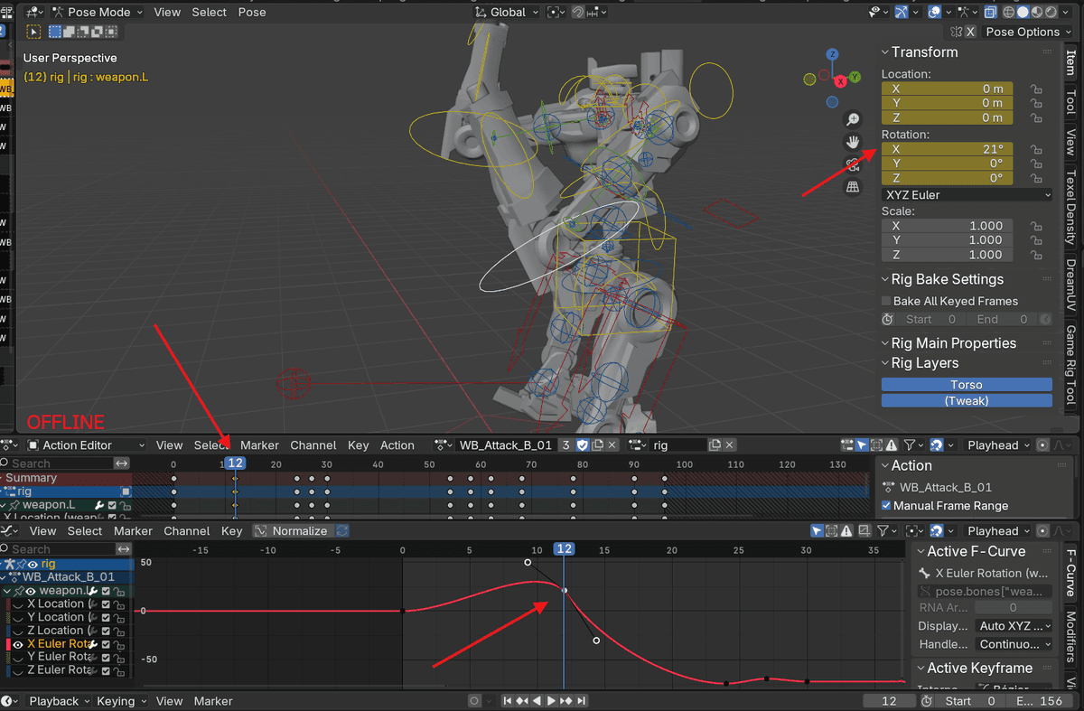 Keyframes on the timeline and their curves in the curve editor