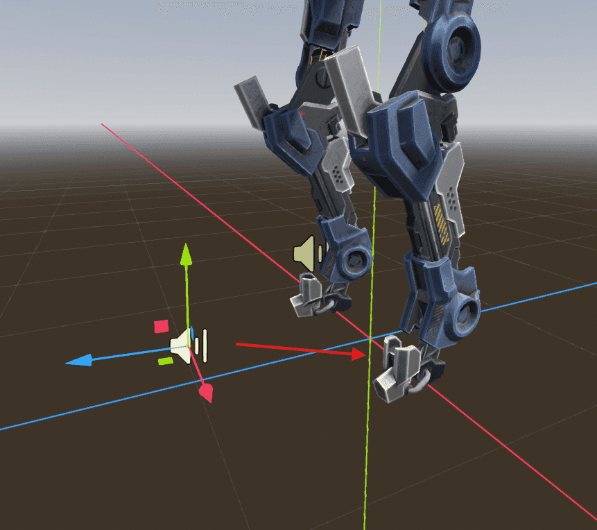 Audio players attached to the warbot's feet for footsteps