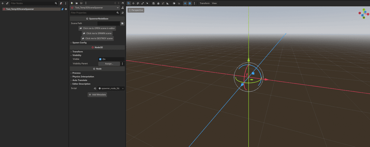 The spawner node — a lightweight Node3D with a scene path and tool buttons